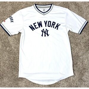 Stitches Genuine New York Yankees White V-Neck Jersey Shirt Size Small